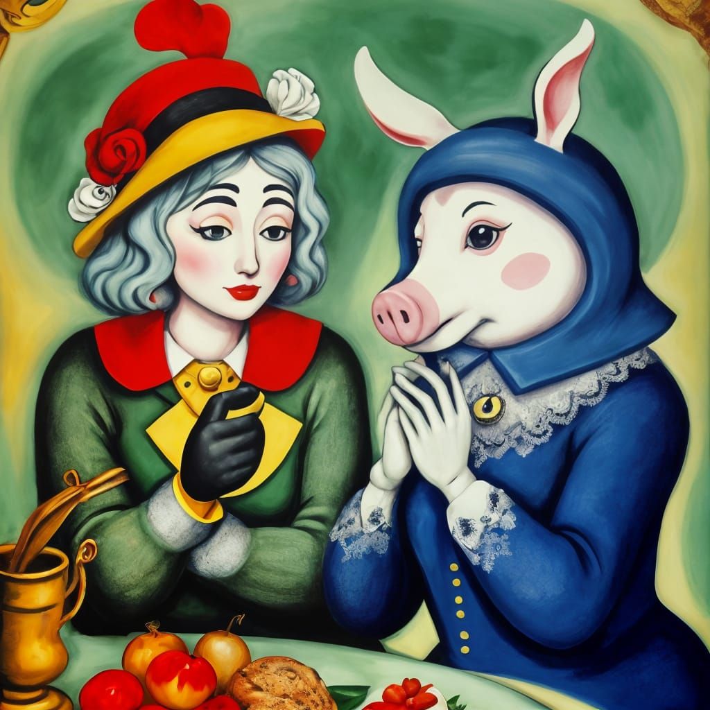 Surreal Pig and Rabbit Dreamscape, Modern Art Style