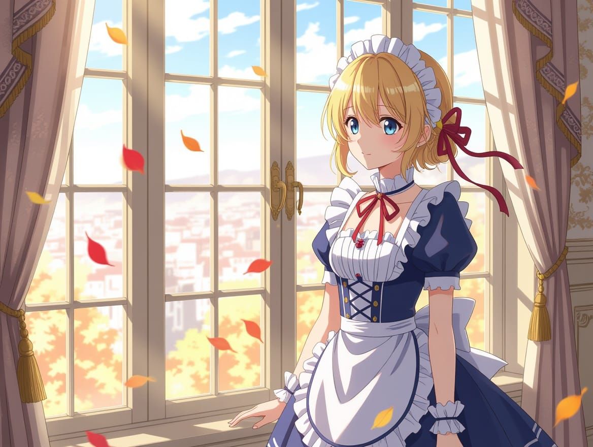 Anime Girl in Victorian Dress by Window