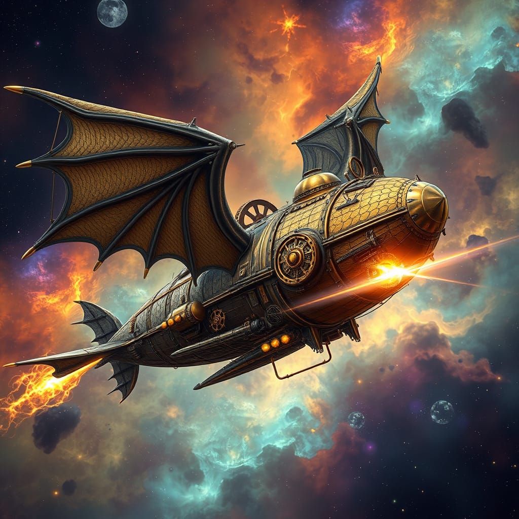 Steampunk Dragon Airship Soaring Through Nebula