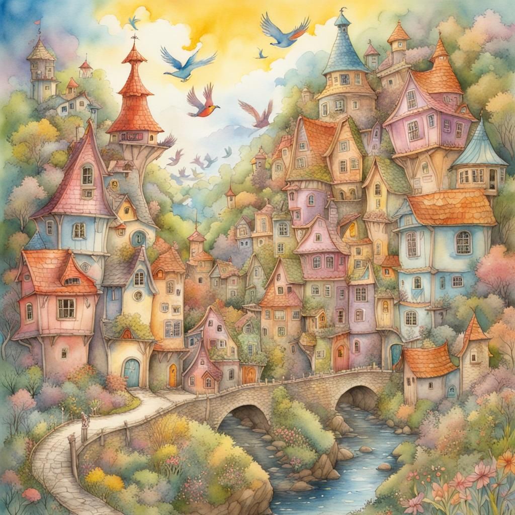 Delightful Bird Village in Watercolor and Ink