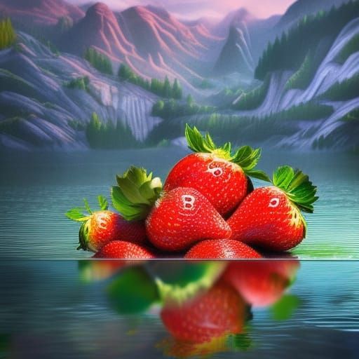 Giant Strawberries Hovering Over Mountain Lake