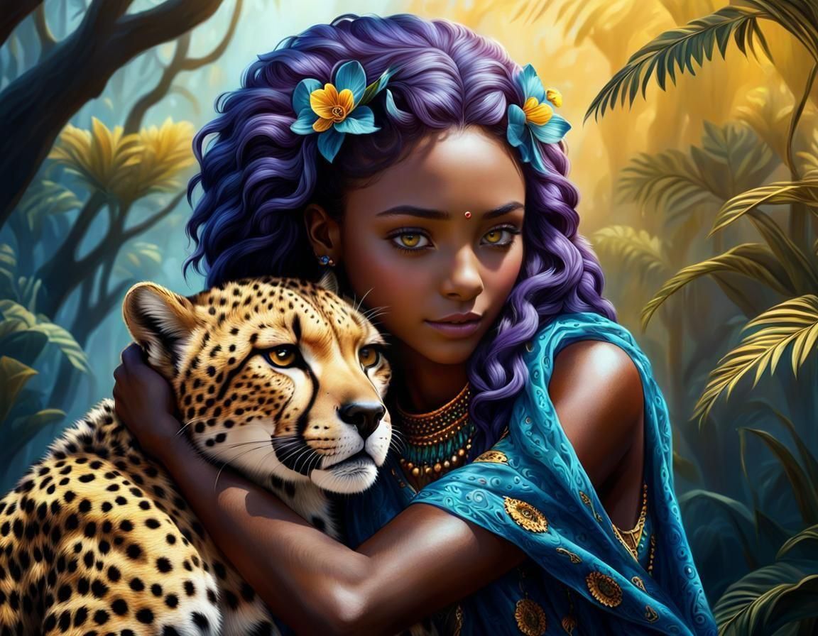 Girl and Cheetah in Colorful Fantasy Art