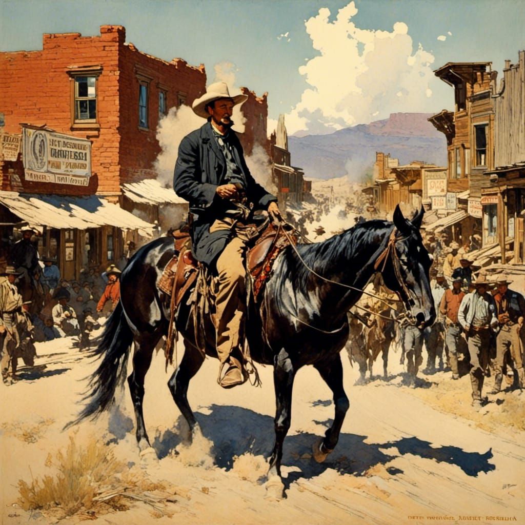 Outlaw Rides into Western Town, Rockwell Style