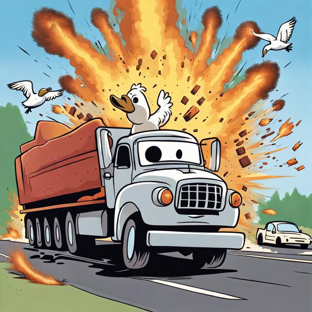 Goose Driving Truck Amidst Explosions