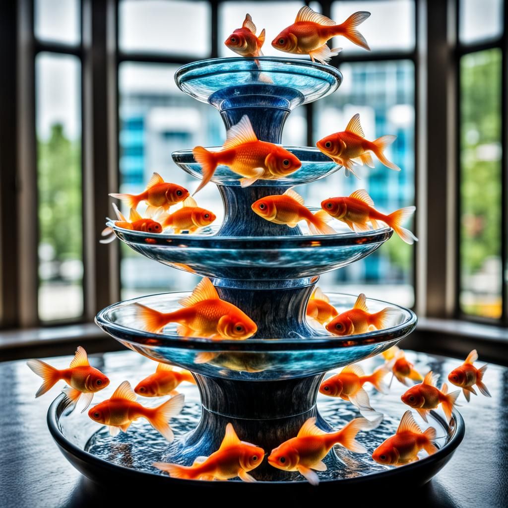 Elaborate Glass Fountain Overflowing with Goldfish