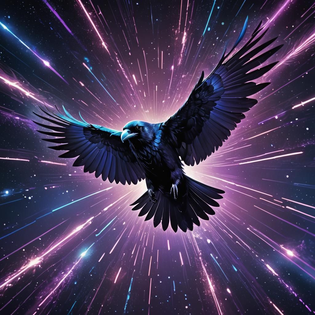 Sci-Fi Raven Soaring Through Space in Cyberpunk Style