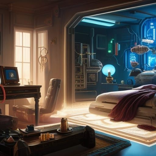 Cyberpunk Steampunk Bedroom Interior in Hyperrealistic Style