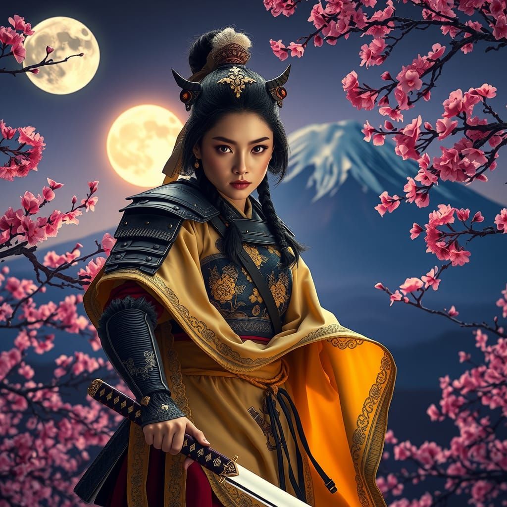 Samurai Spirit at Mount Fuji in Art Nouveau Style