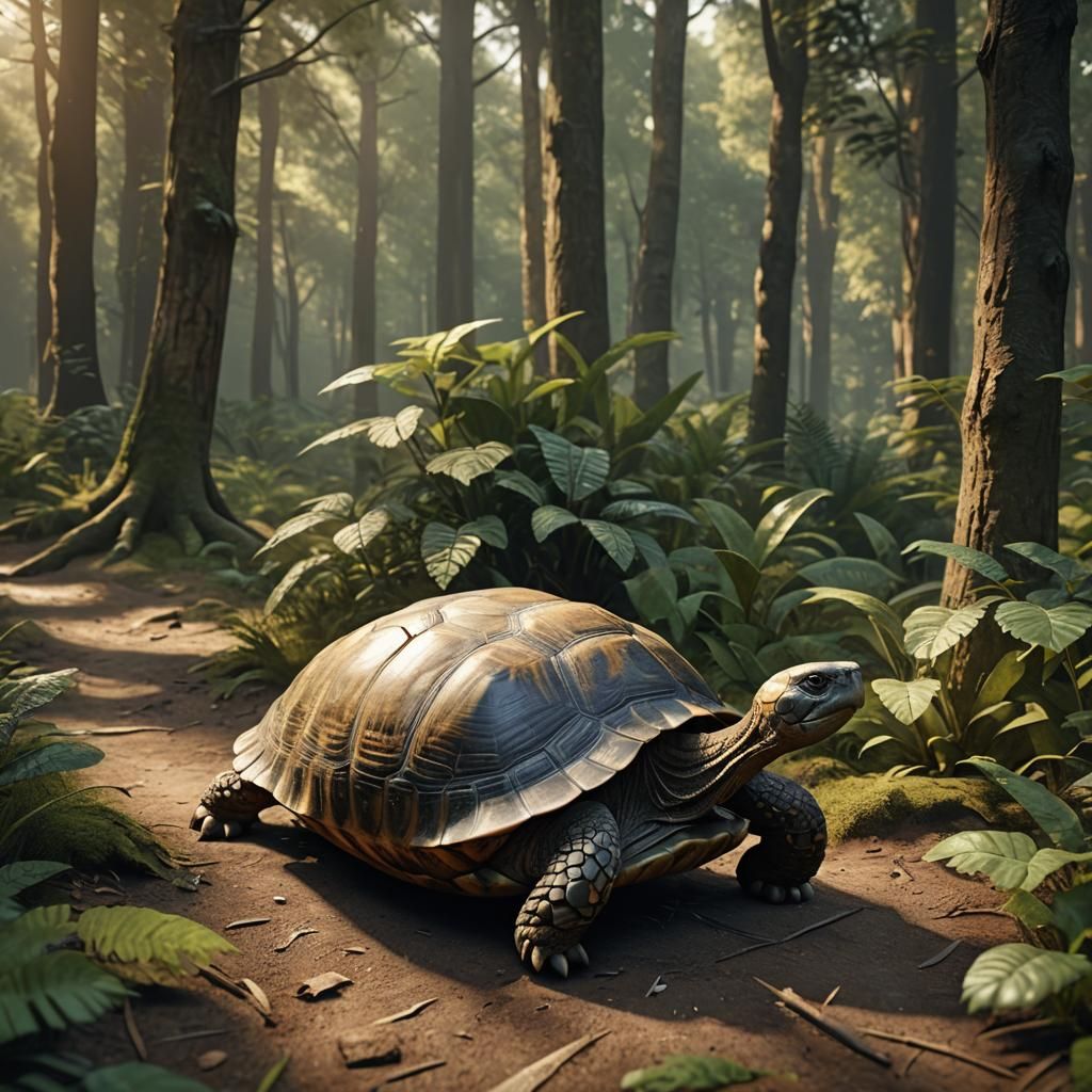 Tortoise Journey Through Golden Forest: 3D Render