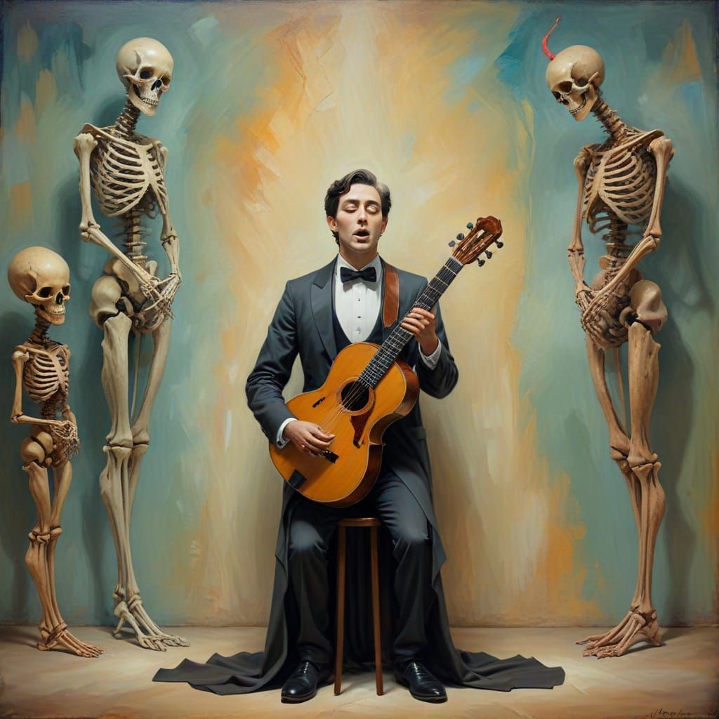 Surreal Tenor Sings for Strange Audience in Oil Painting