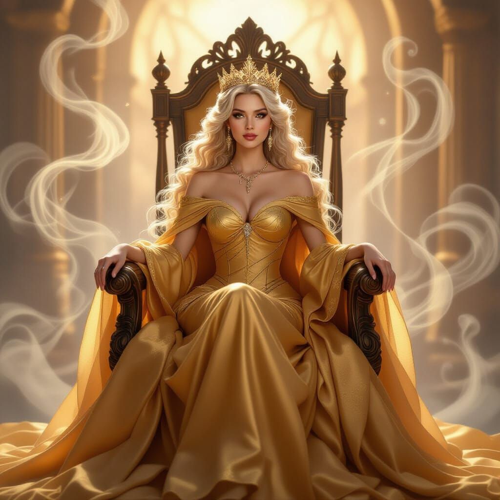 Regal Queen with Spaghetti Hair in Cozy Fantasy Setting