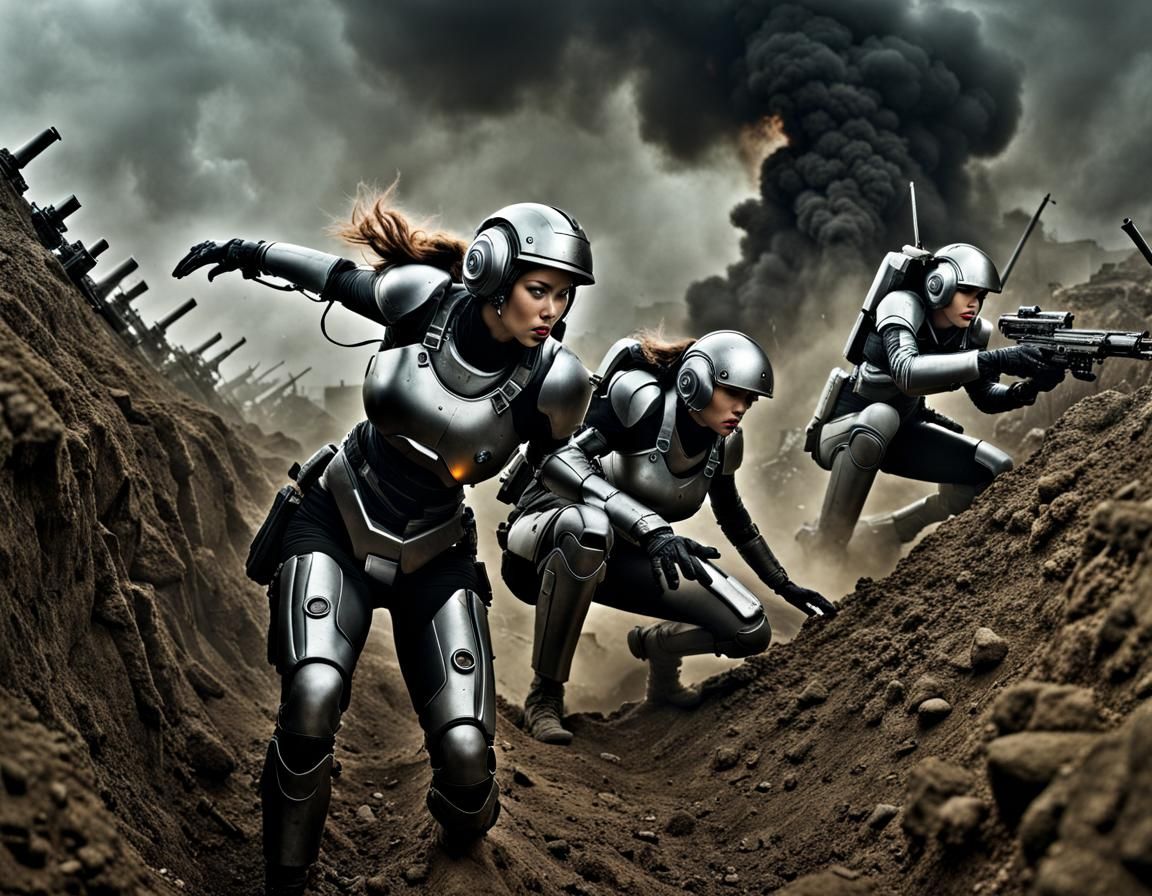 Cyborg Women Take Cover in Sci-Fi WWIII Trench