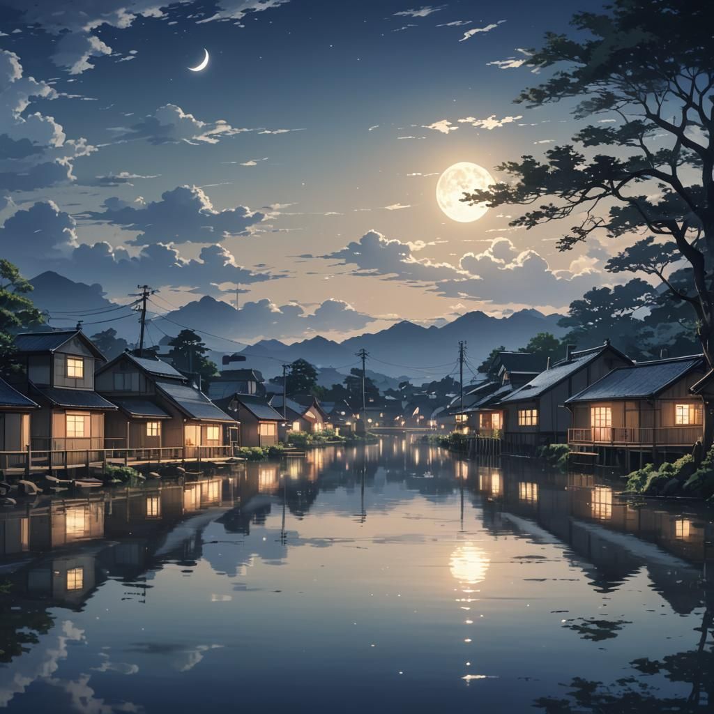 Anime Key Visual: Moonlit Town Reflection