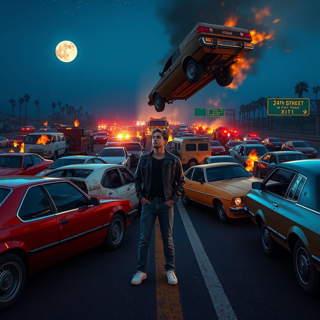 Dramatic Freeway Pileup at Twilight in Matte Painting Style