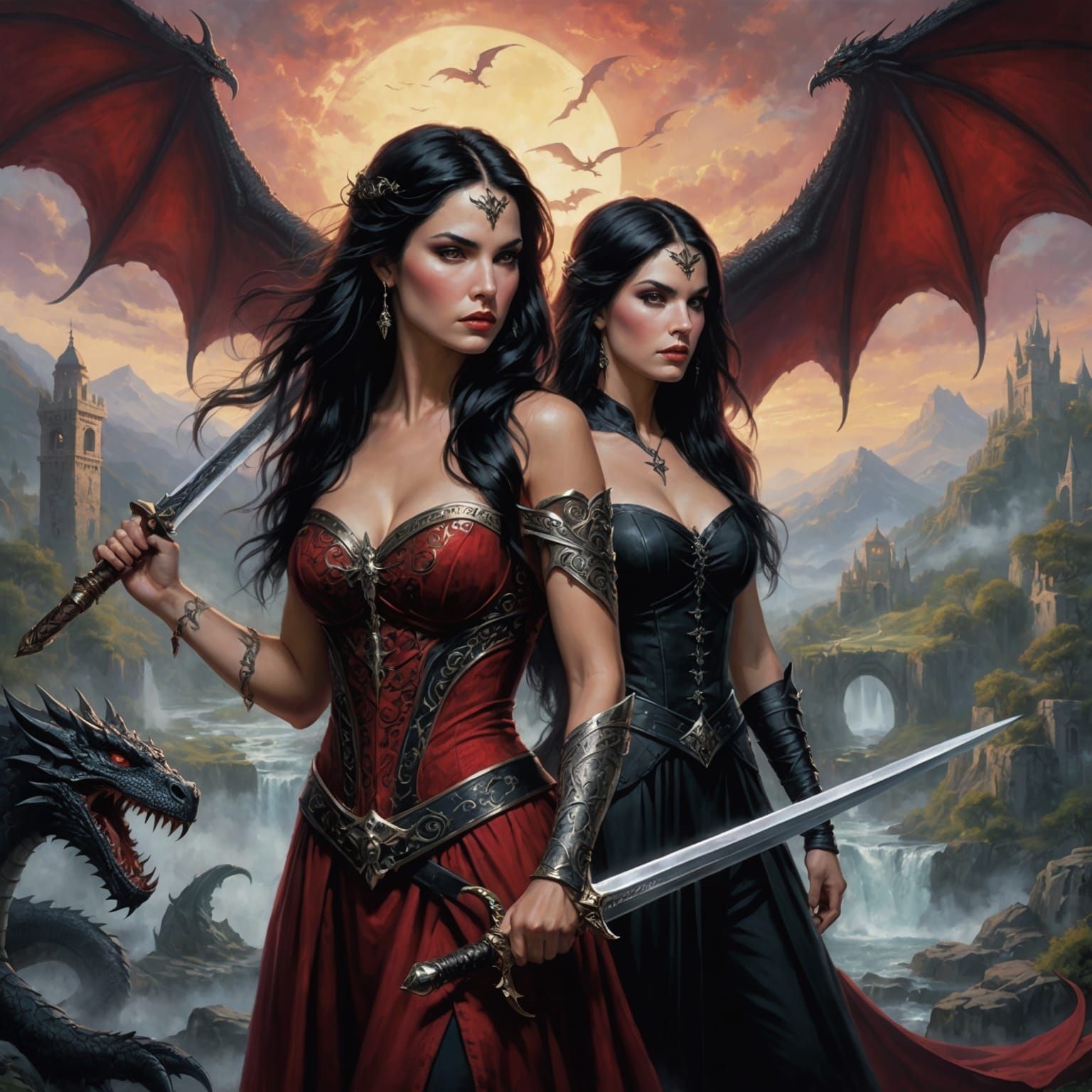 Argentine Woman and Goth Warrior Over Dragon