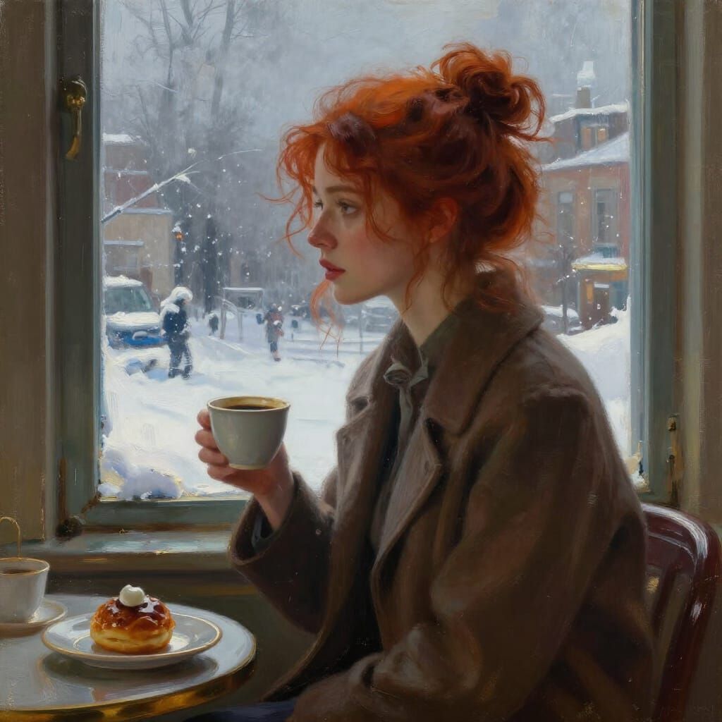Melancholy Woman Gazes From Warm Penthouse to Snowy City