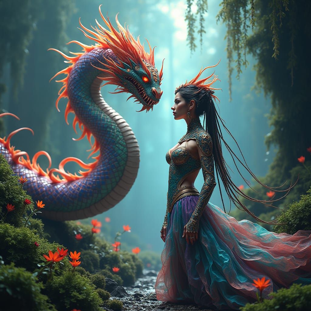 Woman and Snake in Futuristic Mossy Forest