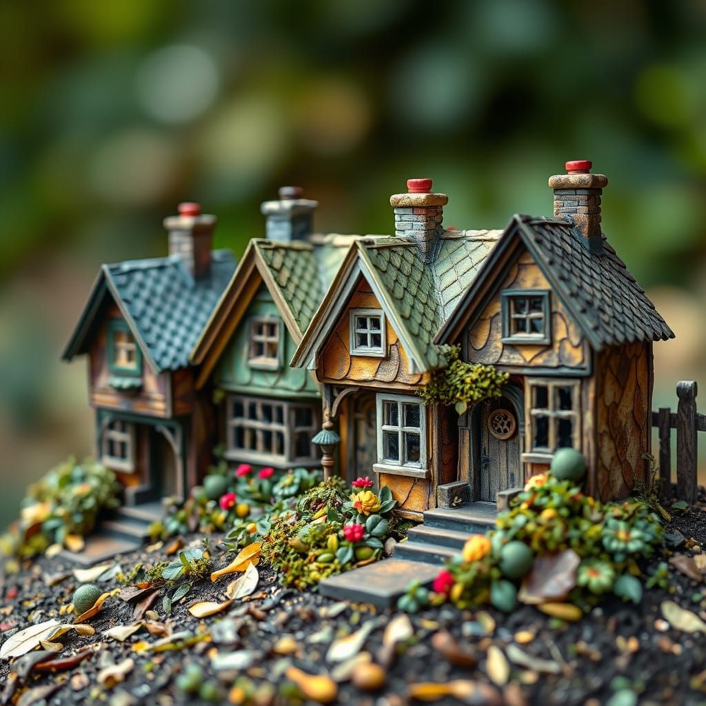 Miniature Victorian Cottages Made of Leaves in Bokeh Graffit...