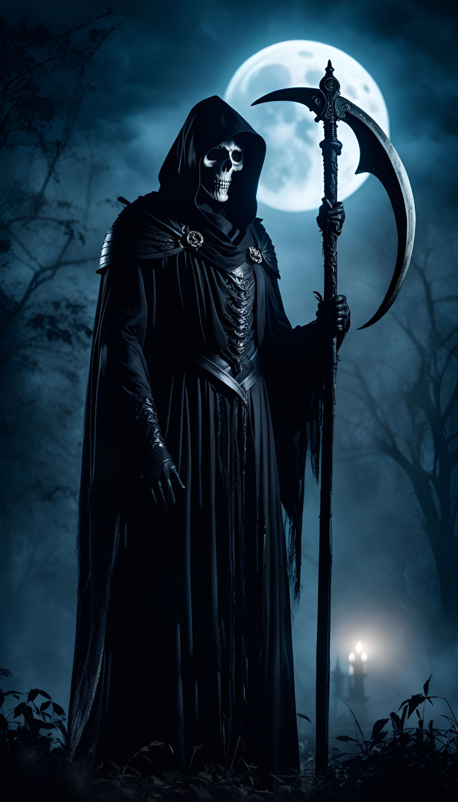 Moonlit Reaper Surveys Departed Souls in Gothic Art