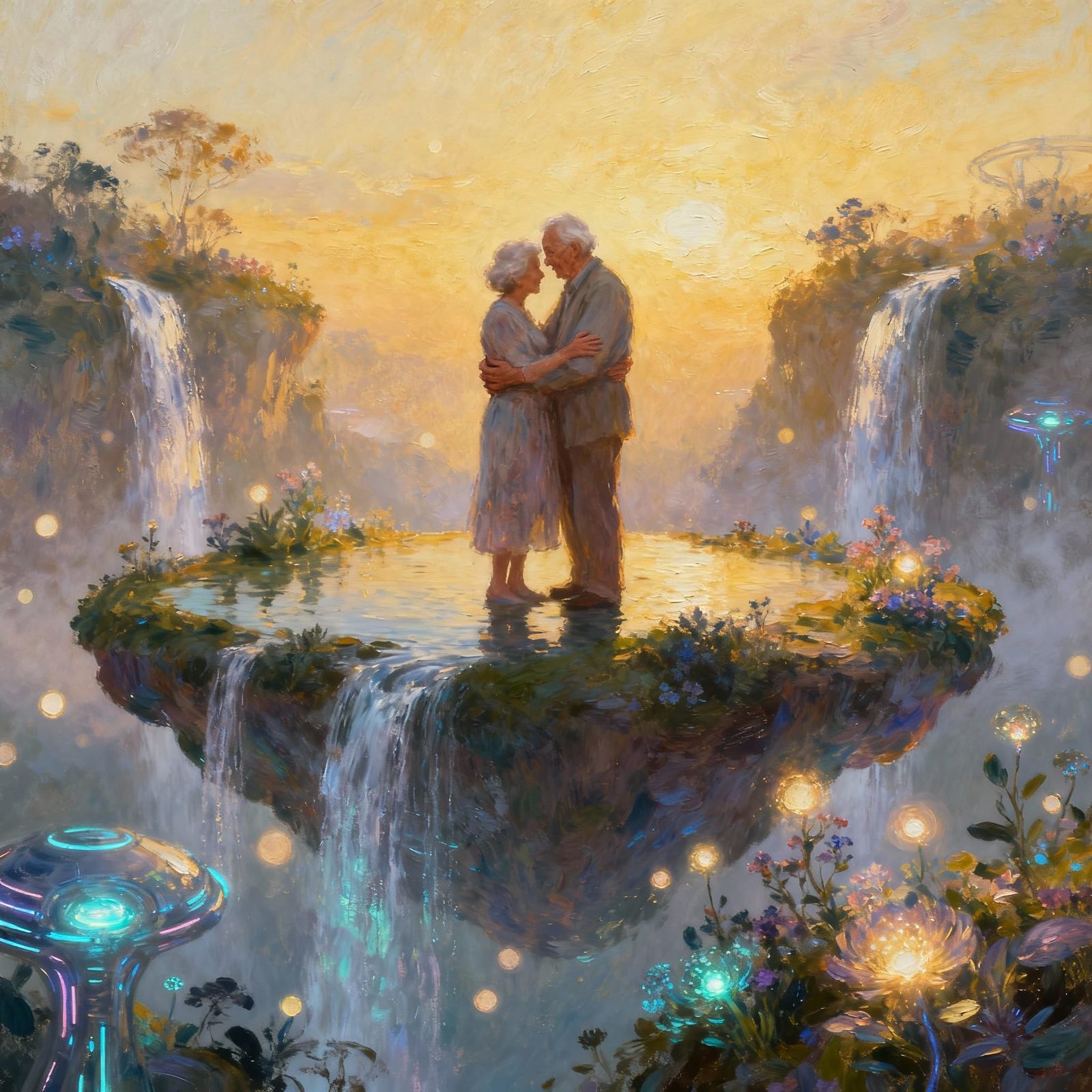 Elderly Couple's Reunion on Floating Island in 2200