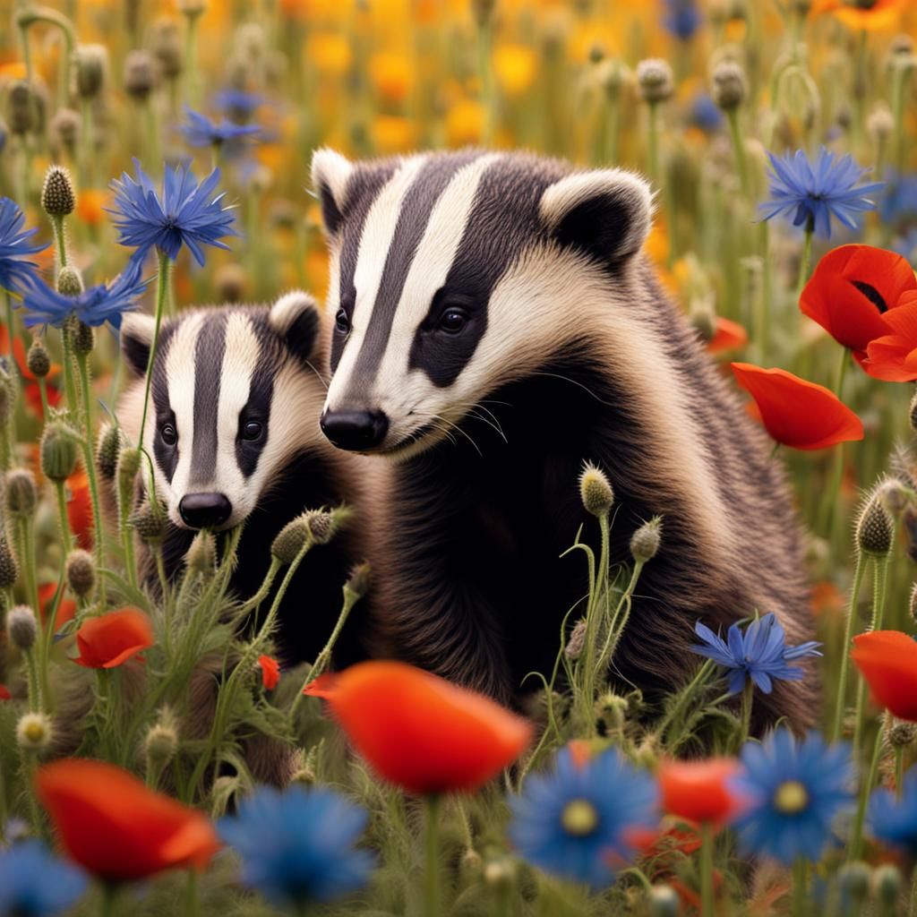 Baby Badgers Amidst Corn and Wildflowers