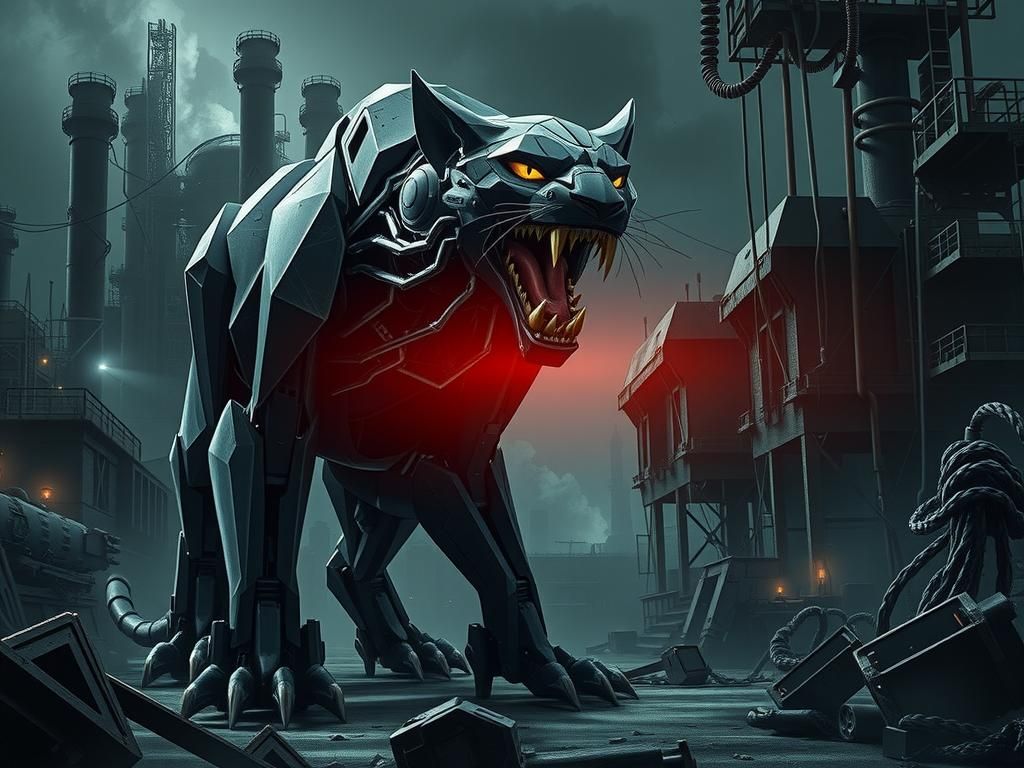 Mechanized Feline in Dystopian Industrial Zone