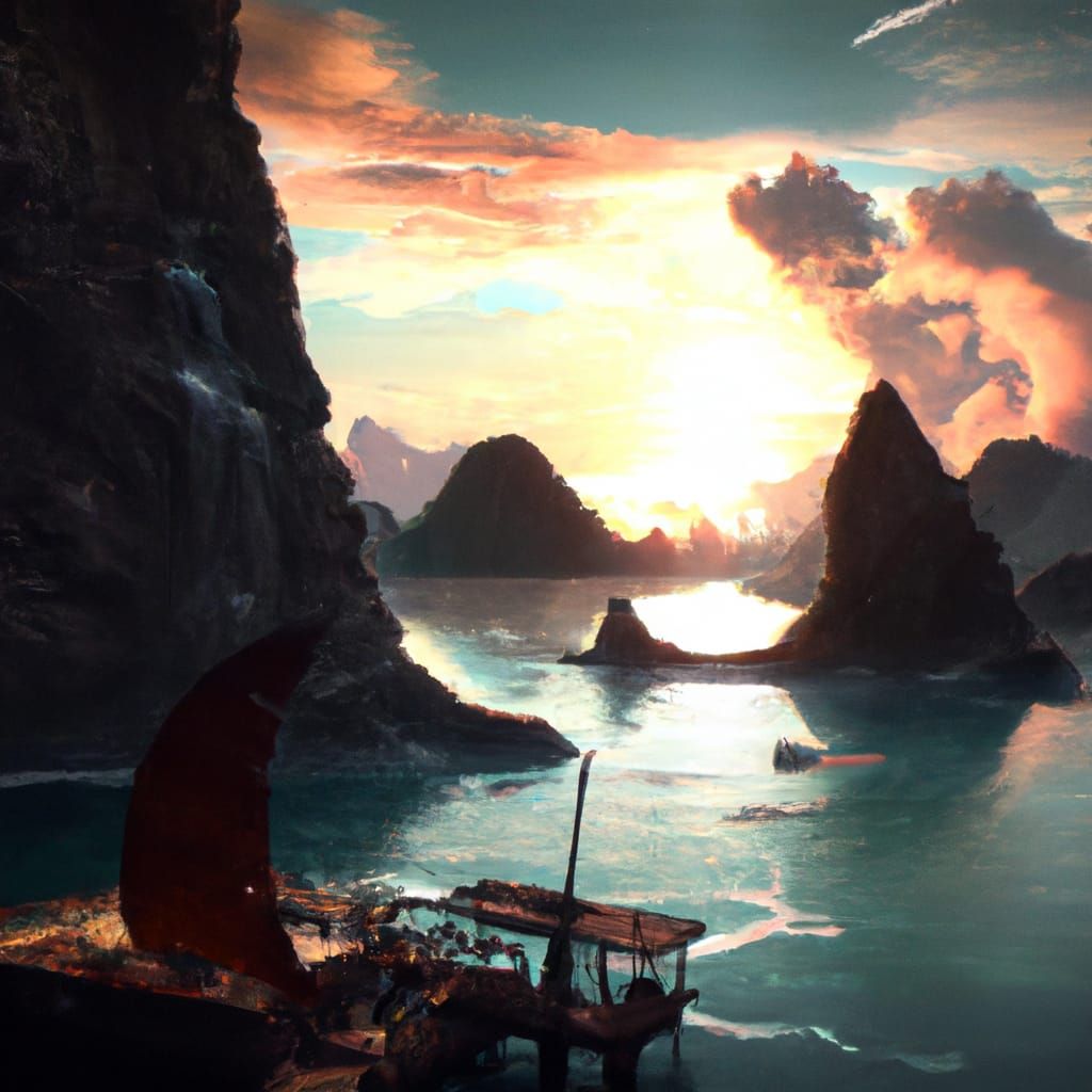 Halong Bay Sunset in Anime Key Visual Style