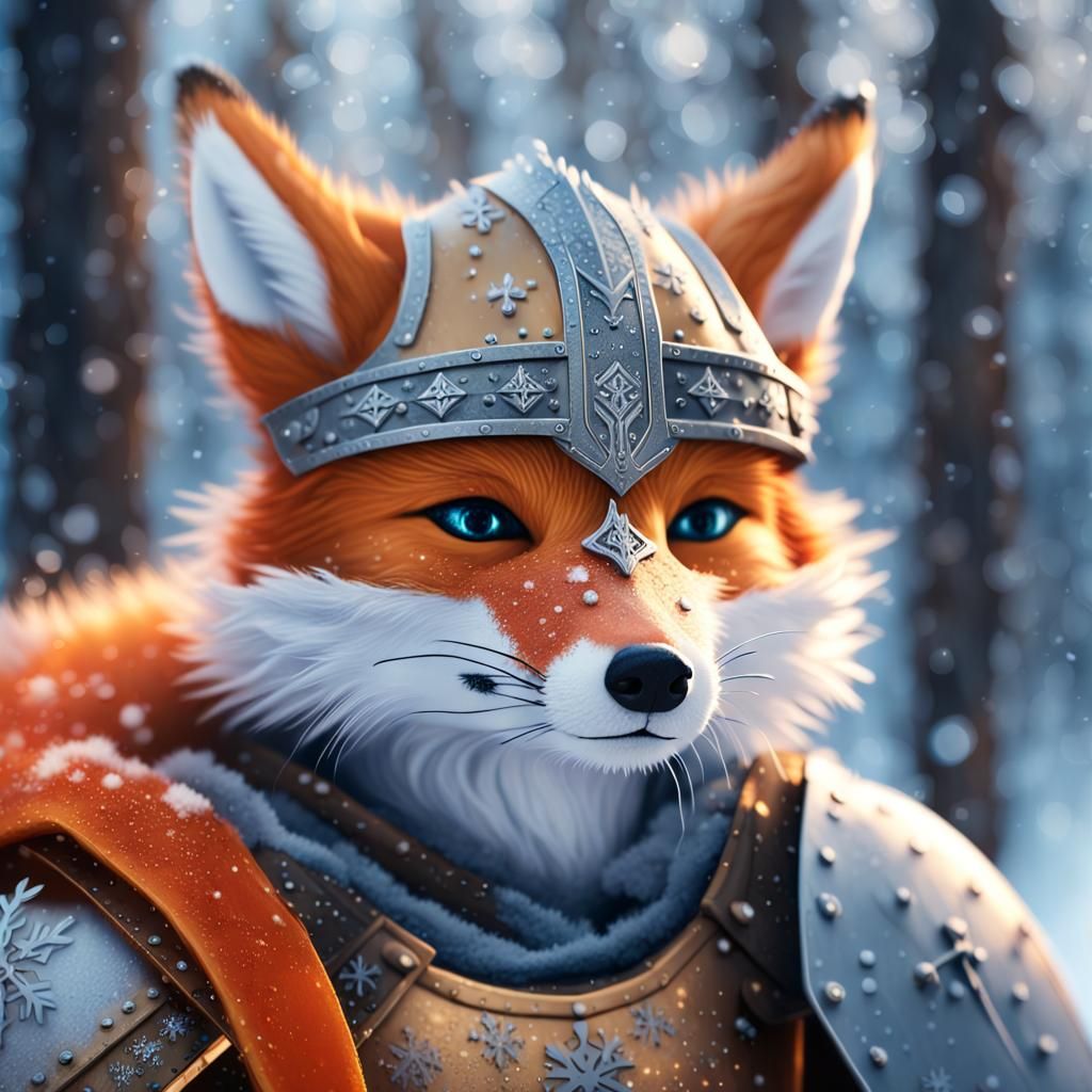 Viking Fox Portrait in Snowy Forest, Digital Art