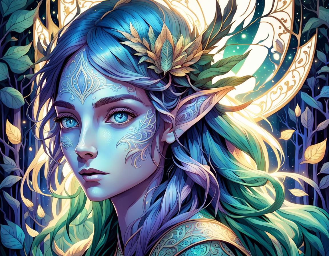 Mystical Elf Portrait in Art Nouveau Style