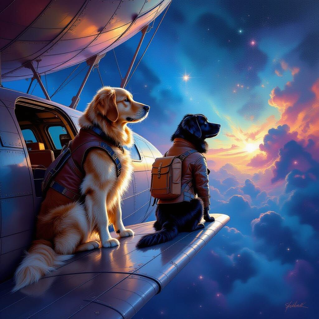Dogs in Pilot Jackets on Airship Wing in Nebula
