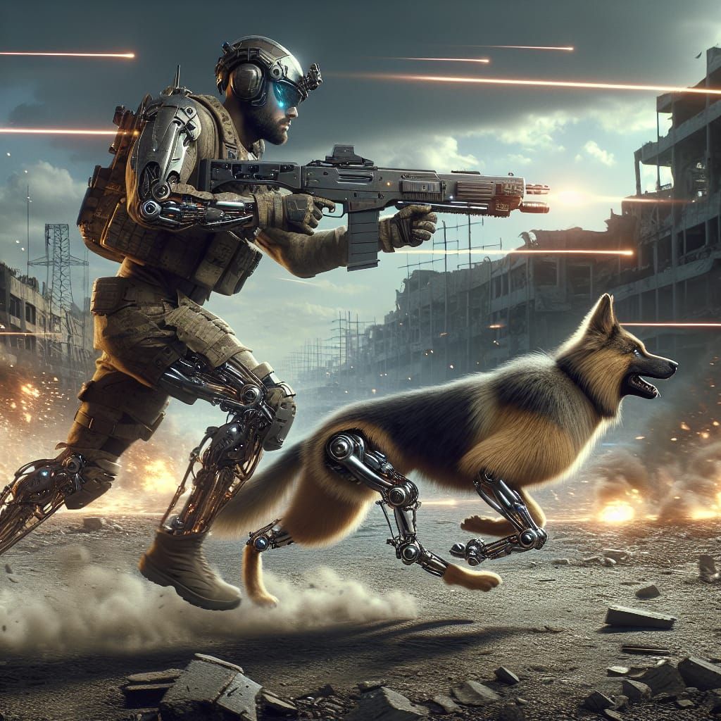 Futuristic Soldier and Cyborg Dog in War-Torn City