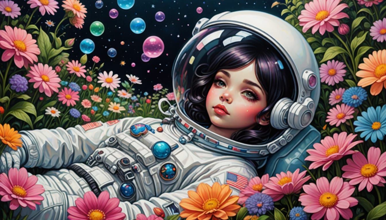 Astronaut Surrounded by Vibrant Flowers in Whimsical Pop Art...