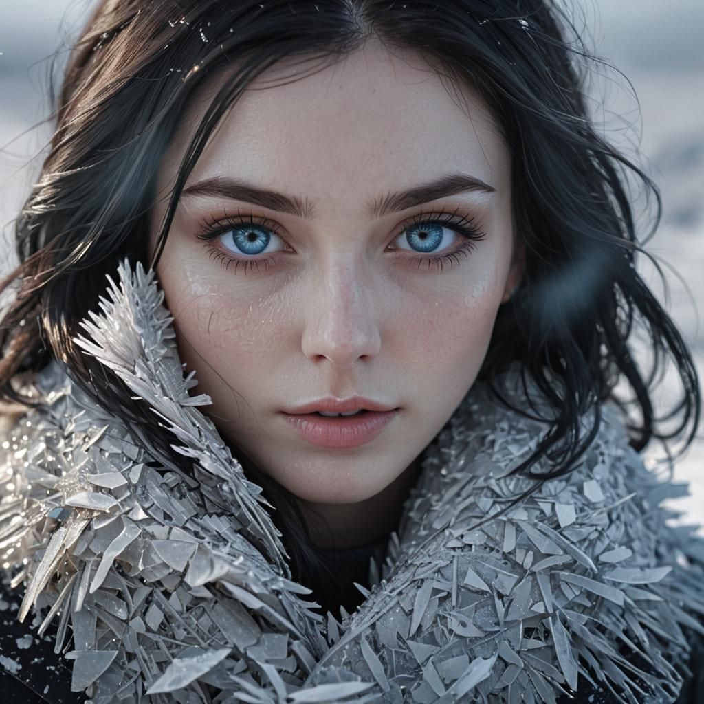 Hyperrealistic Black and White Portrait of Girl on Ice