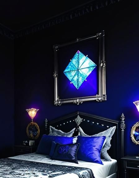 Beautiful gothic bedroom with cobalt blue walls and black gothic bed& realistic vibes& gothic architecture vibes& beauti...