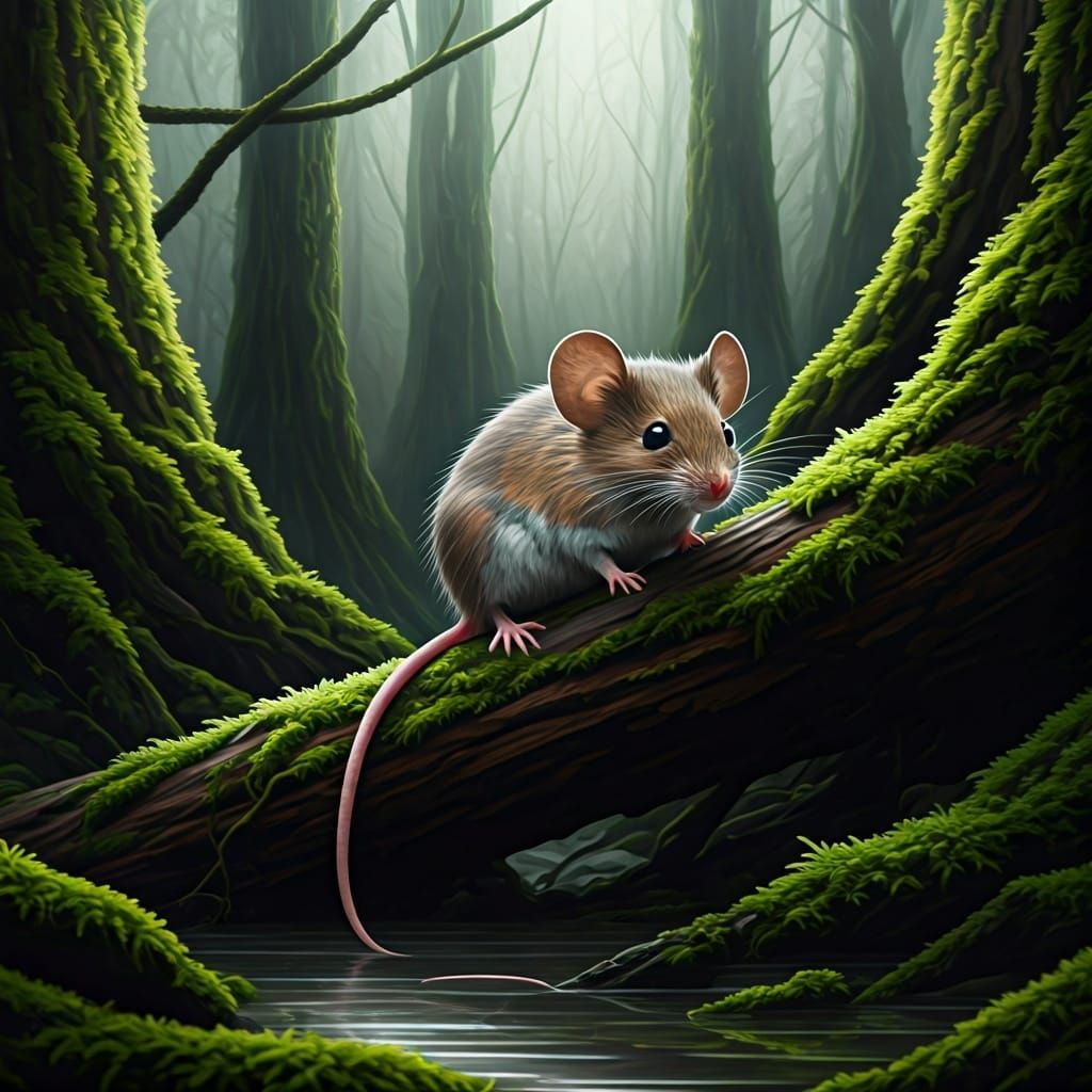 Mouse in Misty Forest, Dreamy Ethereal Art