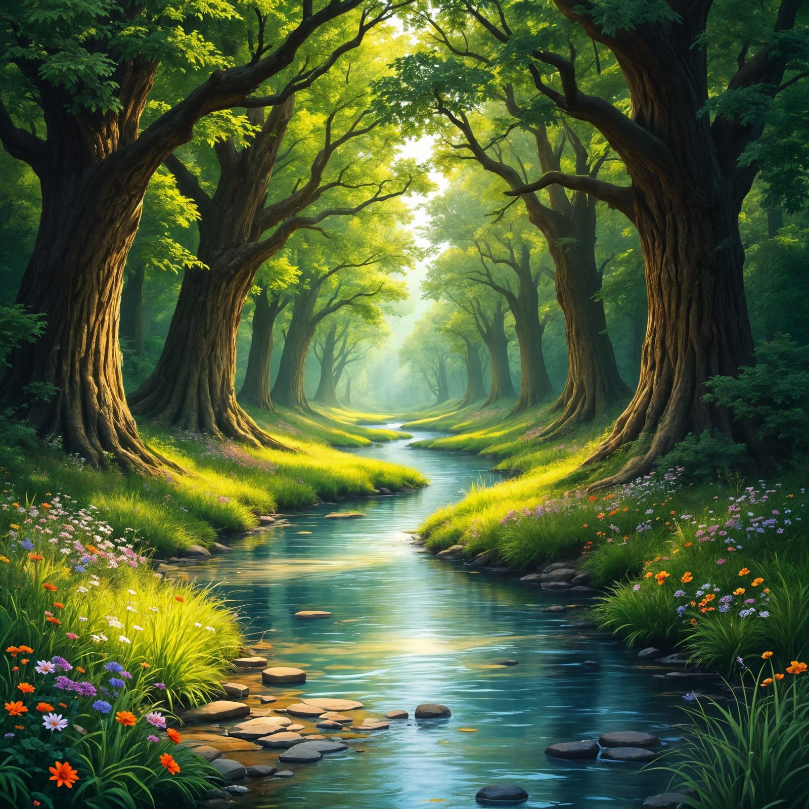 Serene Forest Glade in a Whimsical Artistic Style