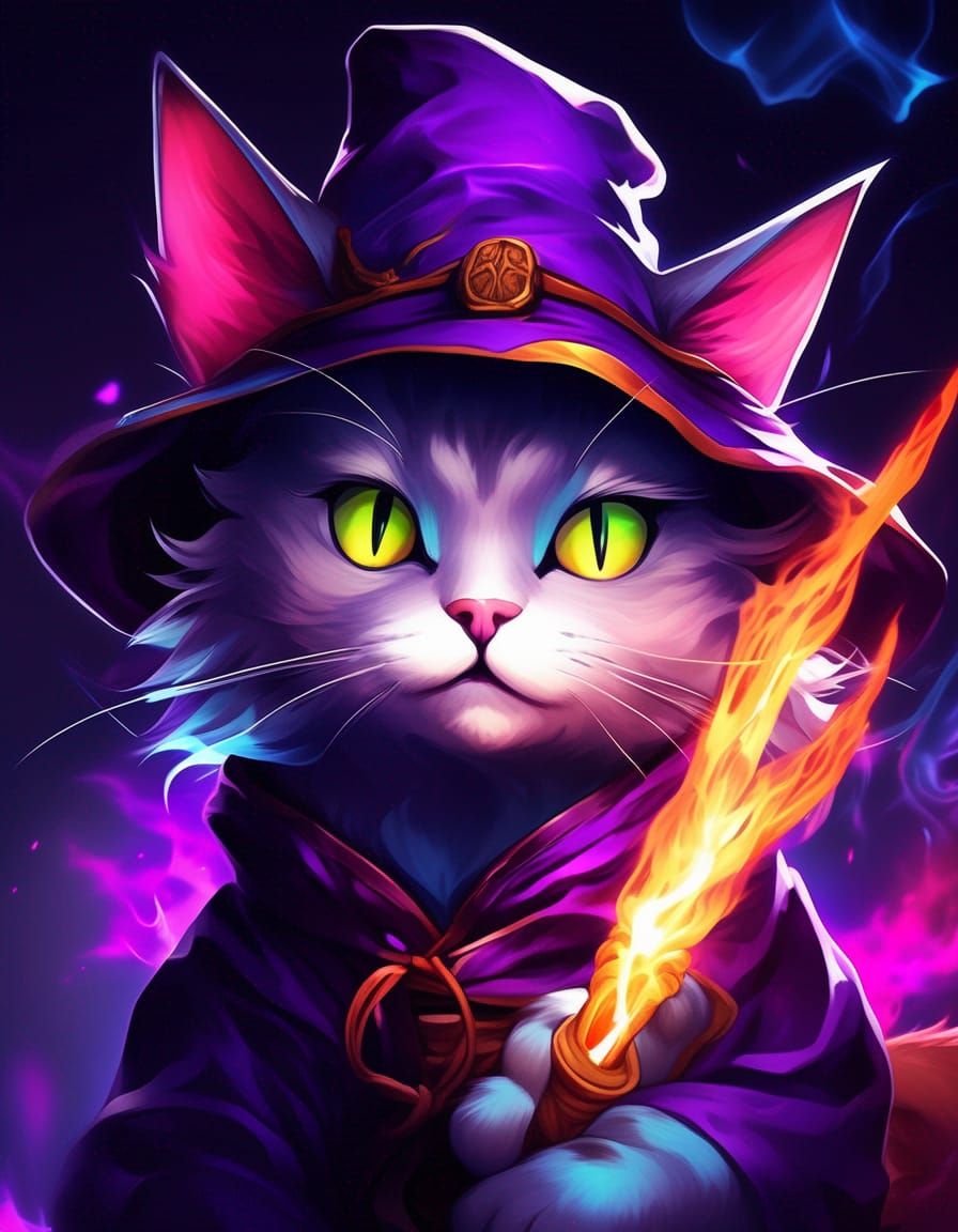 Vibrant Anime Mage Cat with High Contrast