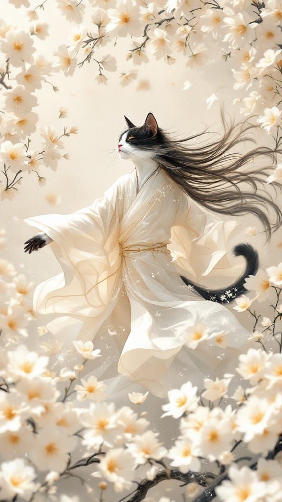 Whimsical Chinese Cat in Dreamlike Brush Painting
