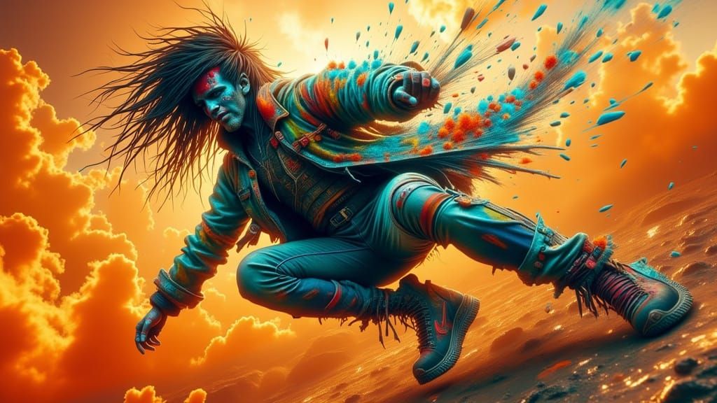 Dynamic Figure Jumps in Trashpunk Triadic Colors