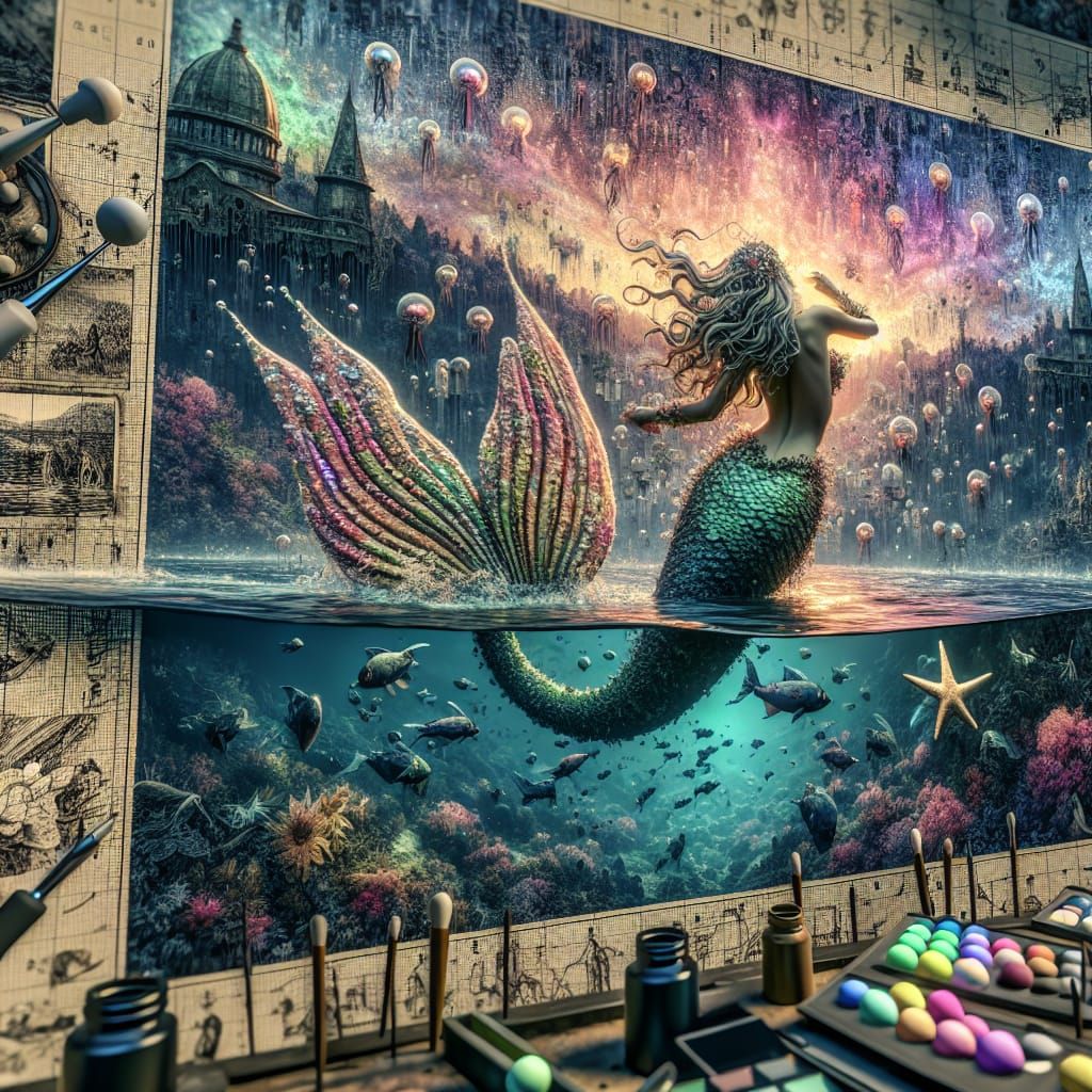 Mermaid in Botanical Ink: A Hyper-Realistic Digital Painting