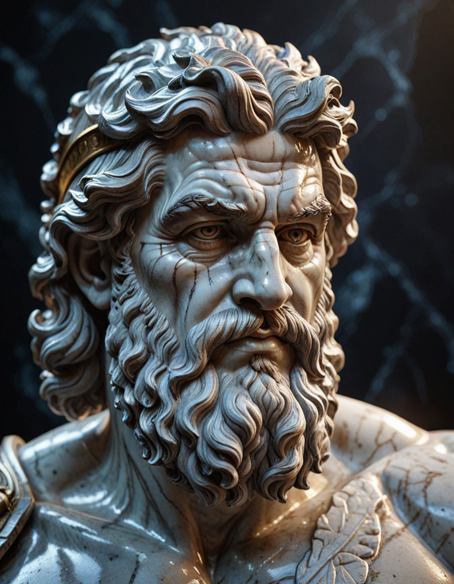 Hyper-Realistic Marble Statue of Poseidon's Head in Dark Aca...