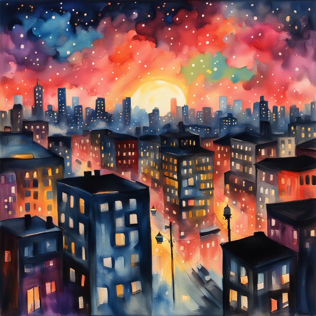 Night Cityscape in Pop Art Gouache Style