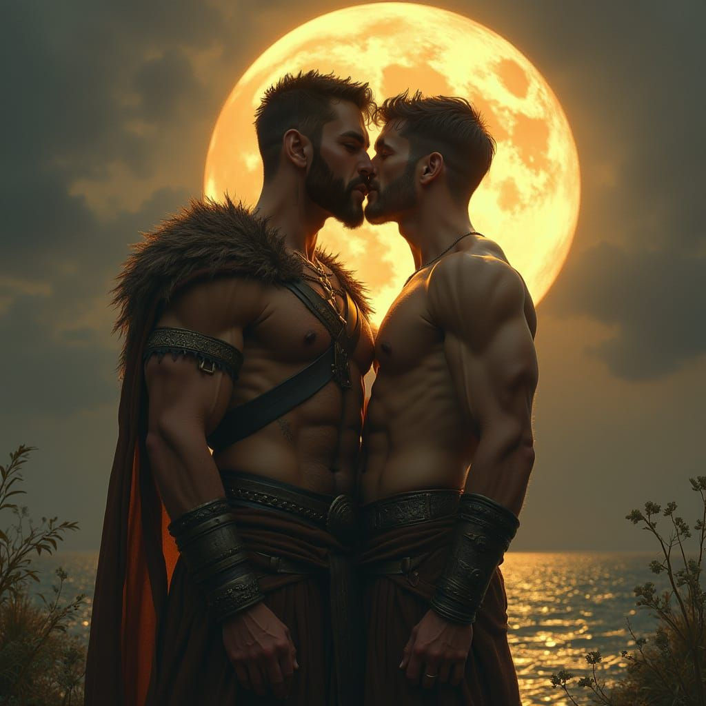 Male Warriors Share a Kiss in Moonlit Landscape