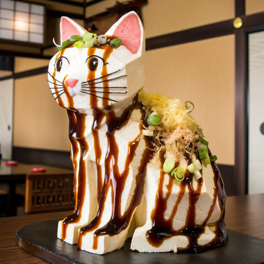 Anime Cat Made of Tofu in Restaurant