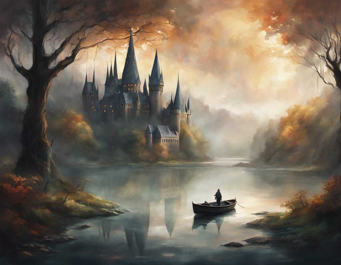 Magical Forest Lake with Sailing Boat in Fantasy Realism Sty...