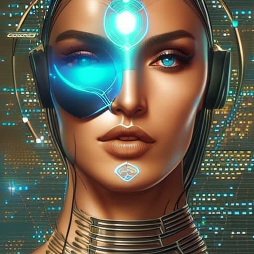 Futuristic Android Portrait with Binary Code Holograms