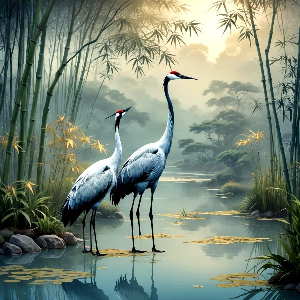 Cranes in Tranquil Garden: Matte Painting Style