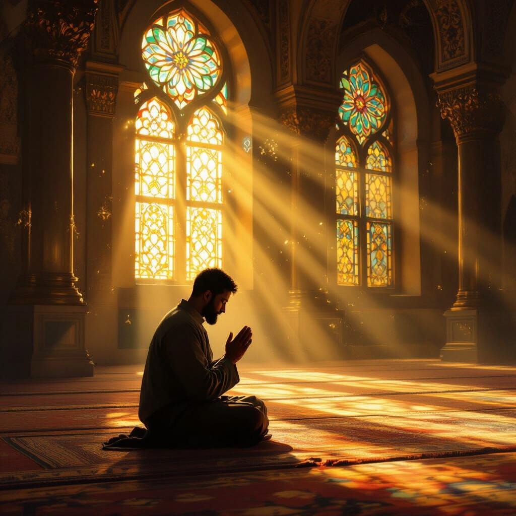 Man Praying in Mosque with Golden Sunlight, Oil Painting Sty...