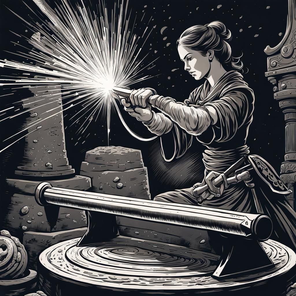 Female Weaponsmith at Grindstone in D&D Style