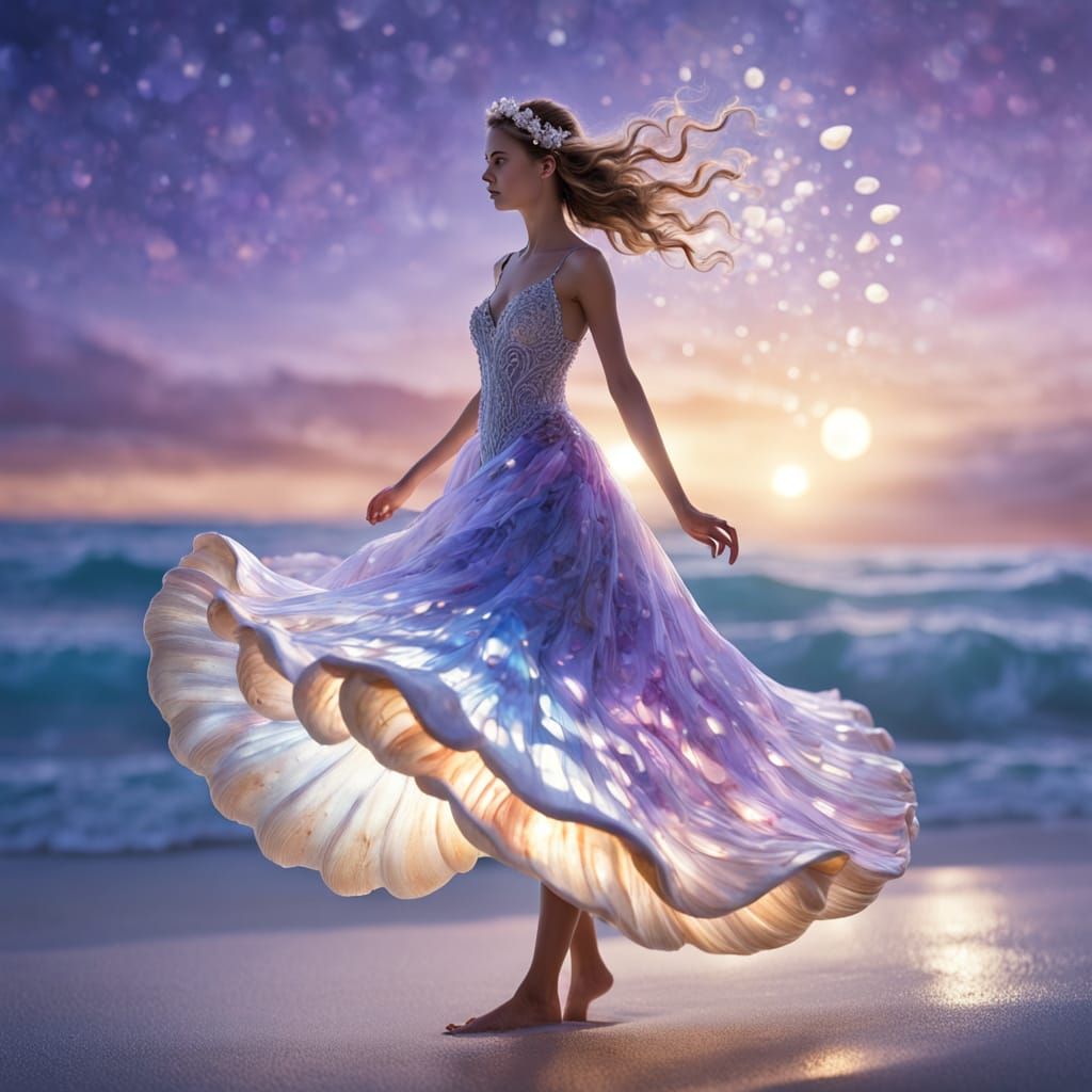 Luminous Seashell Dress on a Moonlit Beach